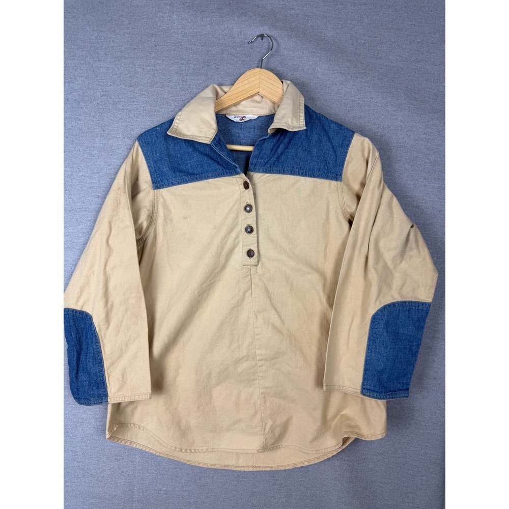 Vintage 70s Levis Womens Pullover Shirt Tan Denim Two Tone Elbow Patch